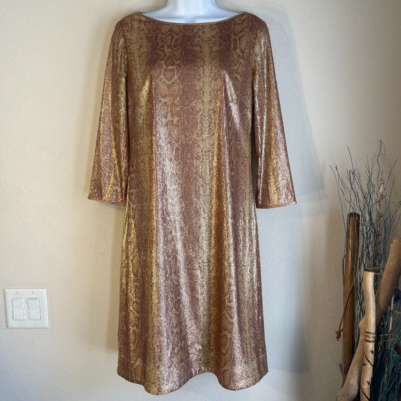 Tahari Arthur S Levine snake print dress sequin drape back rose gold 6 sheath - Picture 1 of 11